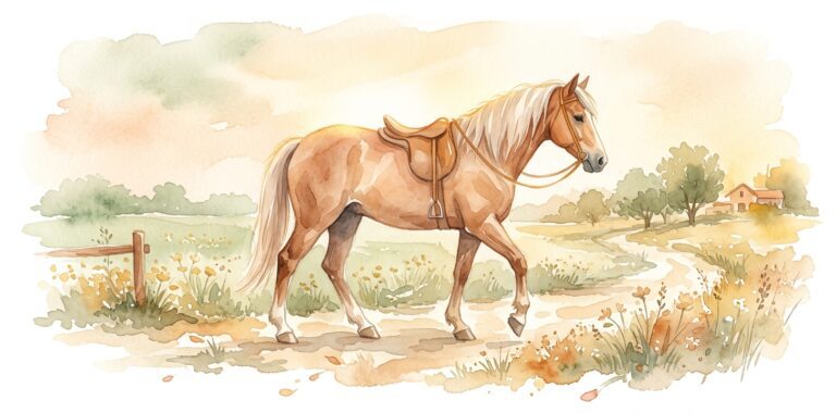 Caballo castaño en un sueño caminando tranquilamente por un prado de salvia con flores silvestres junto a un poste de valla y árboles lejanos en luz cálida