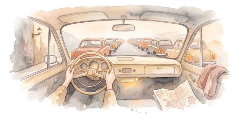 Car interior in a dream with hands on the steering wheel and a row of stationary cars with amber tail lights receding through the windshield in soft haze