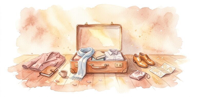 Open vintage leather suitcase in a dream on a wooden floor with a pale scarf, a small book and a folded shirt spilling out beside shoes and a paper map