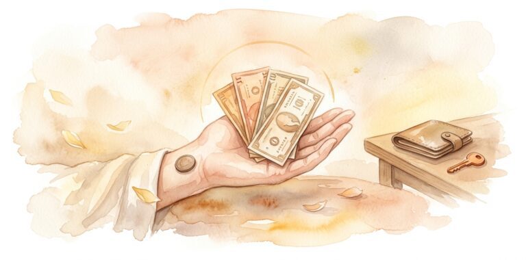 Open palm in a dream holding vintage paper bills with a small bronze coin at the wrist beside a folded leather wallet and a key in warm amber light