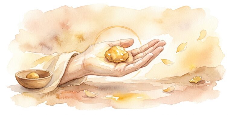 Open palm in a dream cradling a glowing gold nugget with a small wooden bowl and gold pebble nearby in warm amber morning light