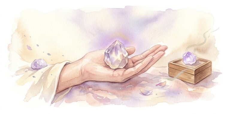 Palma abierta en un sueño que sostiene una piedra preciosa violeta translúcida que brilla junto a una caja de madera con un pequeño cristal violeta