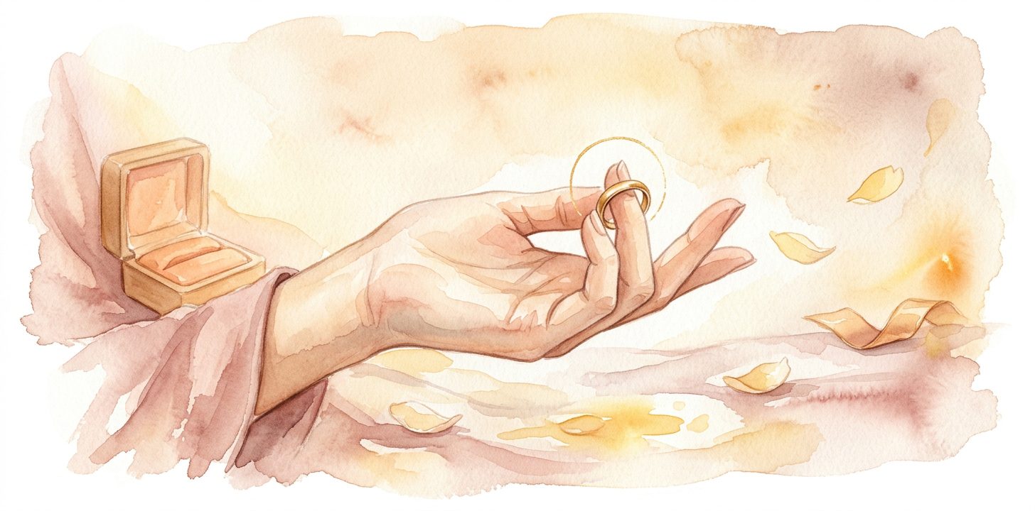 Open palm in a dream with a simple gold ring resting on a finger beside a wooden ring box with velvet lining and drifting petals in warm morning light