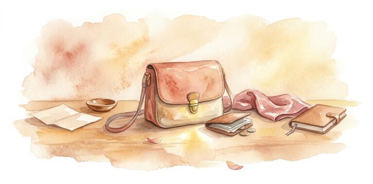 Vintage leather shoulder bag in a dream on a wooden surface with an open wallet beside a folded paper letter and a silk scarf in warm afternoon light