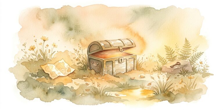 Small wooden treasure chest in a dream half-buried in warm earth with its lid open revealing a warm golden glow beside wildflowers and a folded map