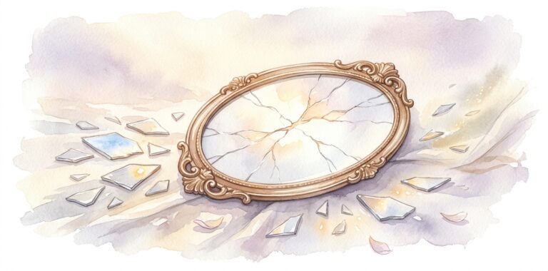 Cracked oval vintage mirror in a dream with soft delicate lines spreading from the center in a dusty amber and cream frame