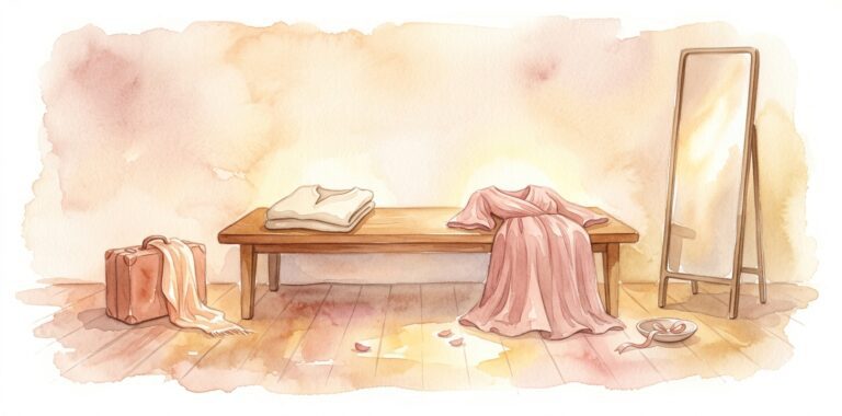 Two garments in a dream resting side by side on a wooden bench with a dusty cream everyday fold and a beautiful dusty rose outfit in warm morning light