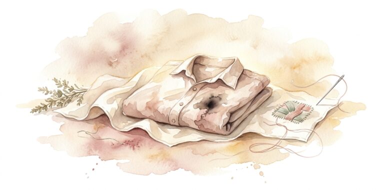 Folded worn shirt in a dream on cream cloth with a dark ink-brown stain near the chest beside dried herbs and a small embroidered patch with a silver needle