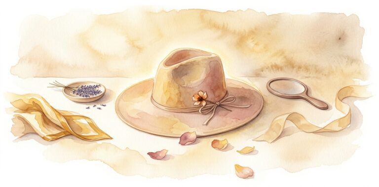Wide-brimmed wool felt hat in a dream resting at a slight angle on a soft cream surface with a delicate ribbon tie and a small dried flower in the band