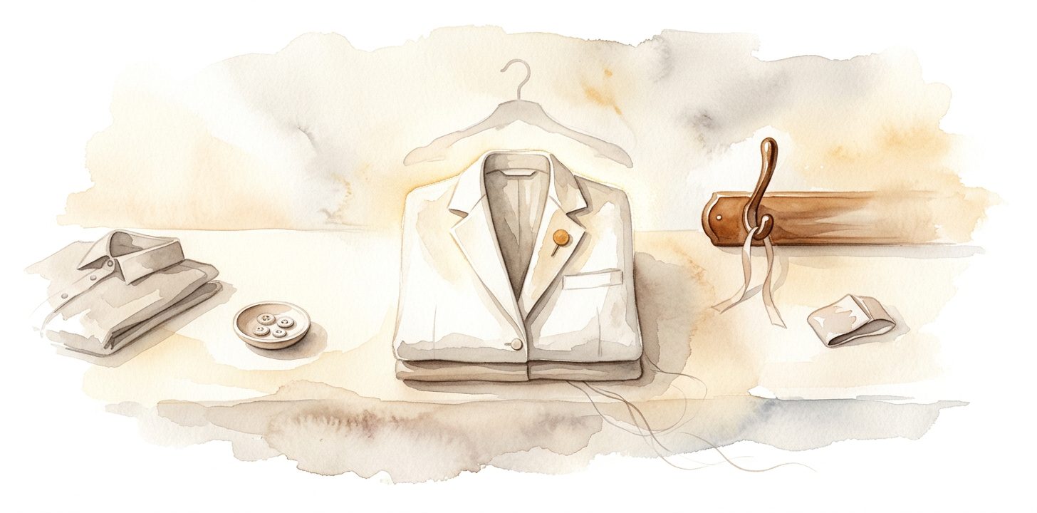 Neatly folded white tailored uniform coat in a dream with a small ochre lapel pin on a soft cream surface beside a folded shirt and a ceramic button dish