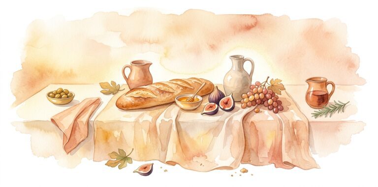 Generously laid table in a dream with a long crusty loaf, a bowl of golden honey, ripe split figs, grapes and two ceramic pitchers on a soft linen runner
