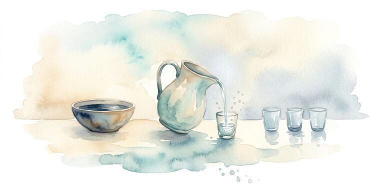 Ceramic pitcher in a dream pouring a thin clear stream of water into a small glass on a soft cream surface beside a deep bowl of calm spring water and three small glasses