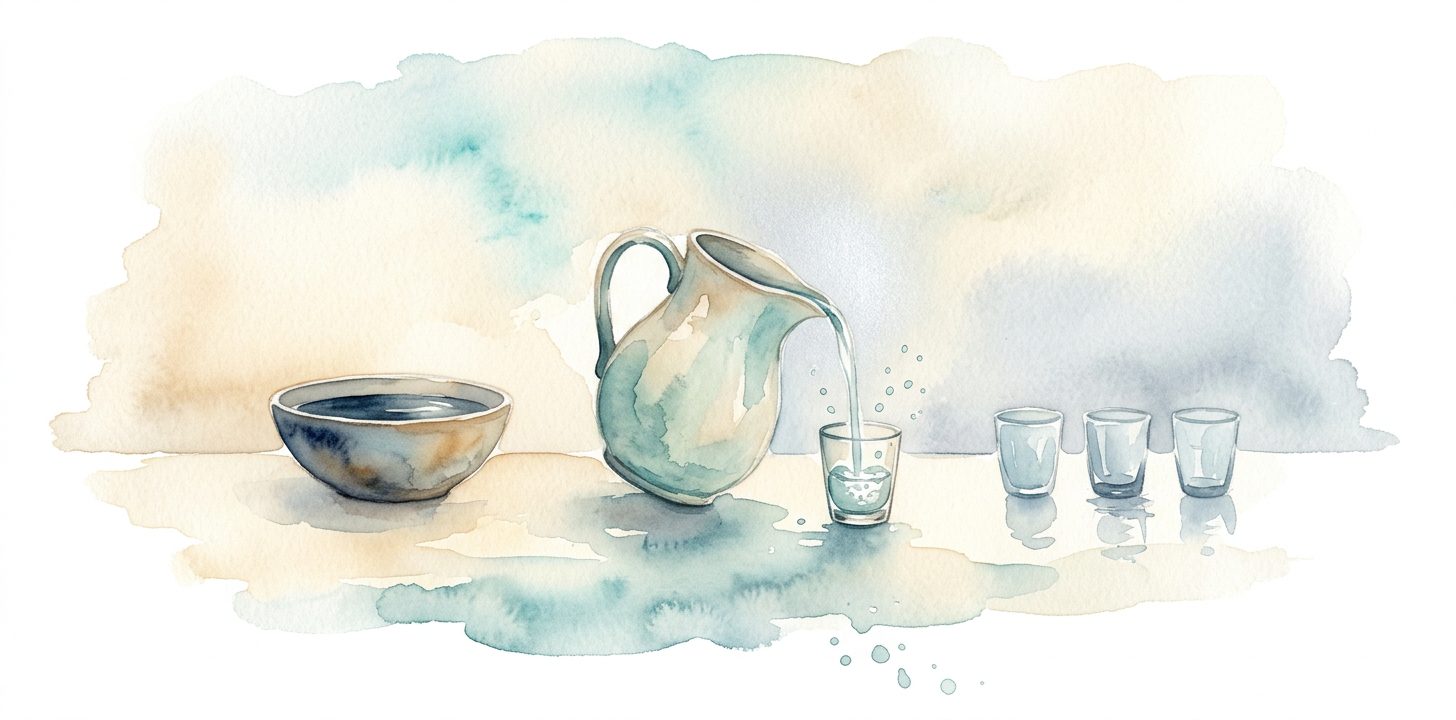 Ceramic pitcher in a dream pouring a thin clear stream of water into a small glass on a soft cream surface beside a deep bowl of calm spring water and three small glasses