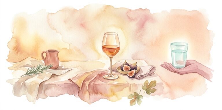 Elegant wine glass in a dream filled with a warm amber-rose drink on a soft linen tablecloth beside a small dish of figs, a clay pitcher and a cup of plain water