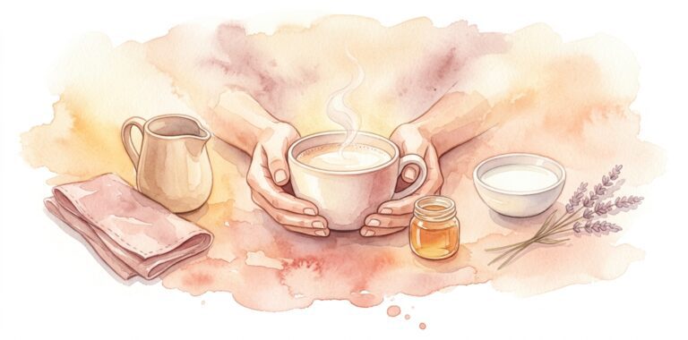 Taza de cerámica con leche caliente en un sueño sostenida entre dos manos abiertas con un suave hilo de vapor y un pequeño tarro de miel al lado