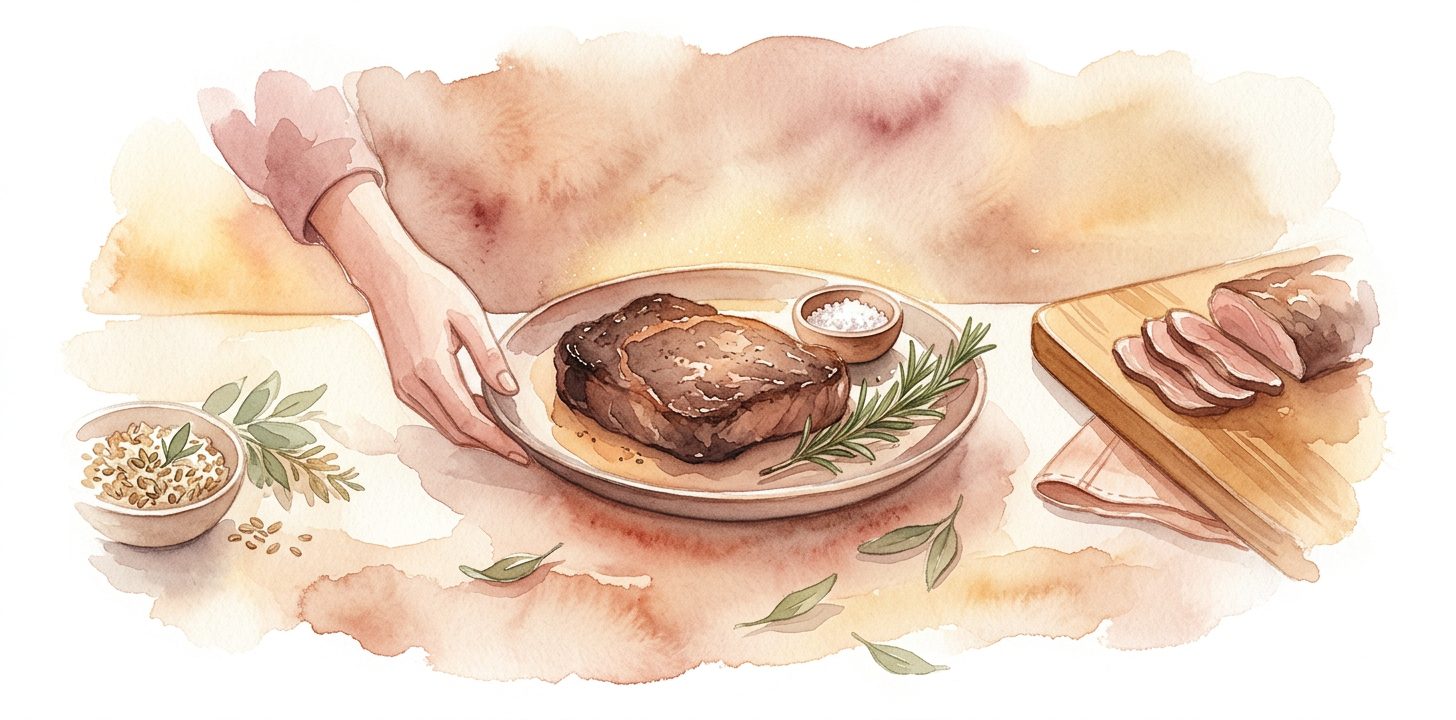 Plato en un sueño con un trozo de carne oscura bien dorada, una ramita de romero al lado y un pequeño cuenco de cerámica con sal gruesa sobre una superficie crema