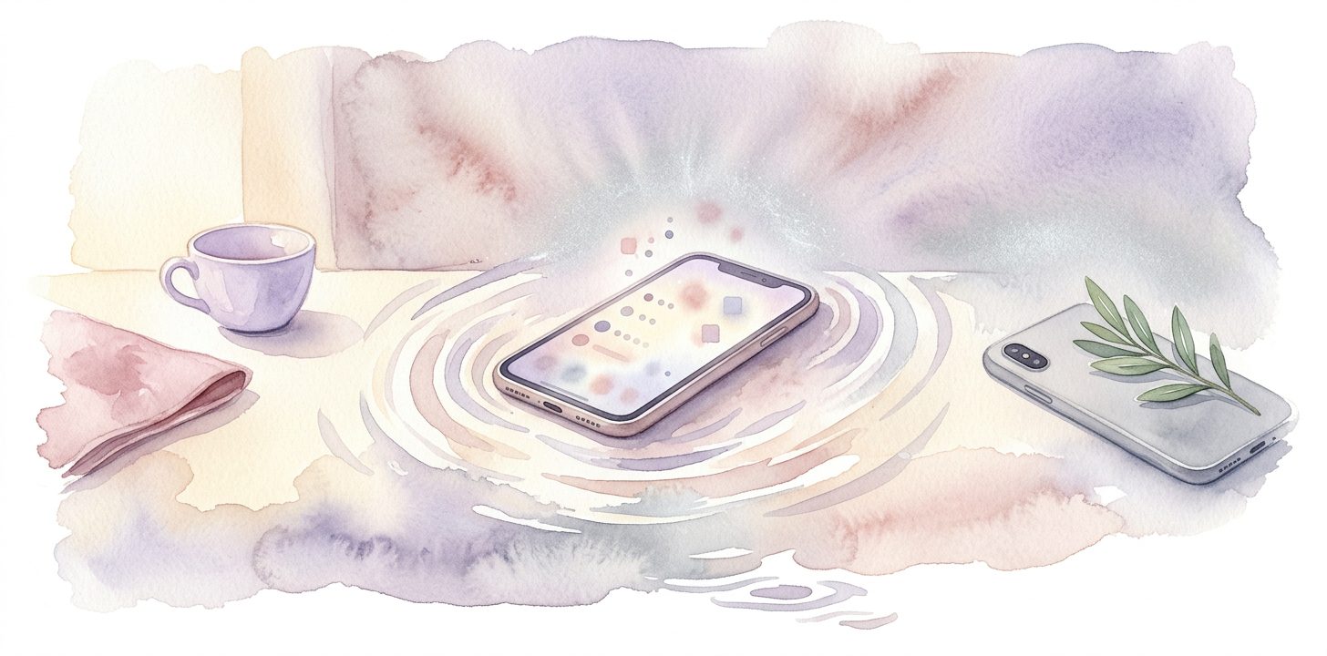 Smartphone in a dream lying face-up on a soft cream surface with a faint glowing screen and soft watercolor ripples spreading outward beside a small ceramic teacup