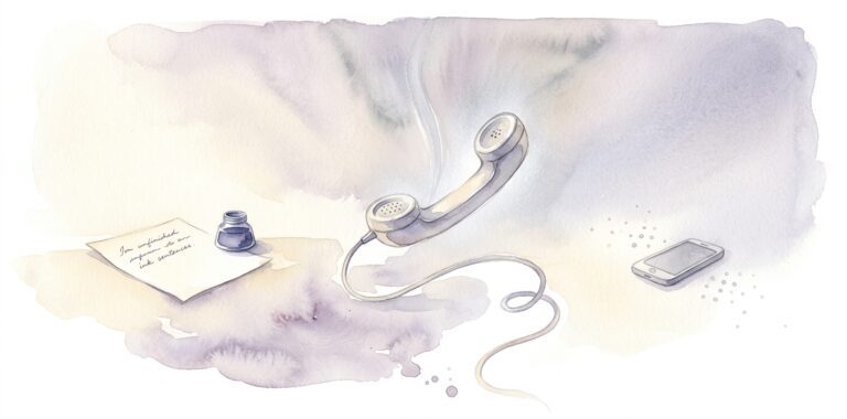 Old-style phone receiver in a dream lifted into the air with a long thin watercolor cord trailing into a soft empty space below beside a sheet of paper and an inkwell