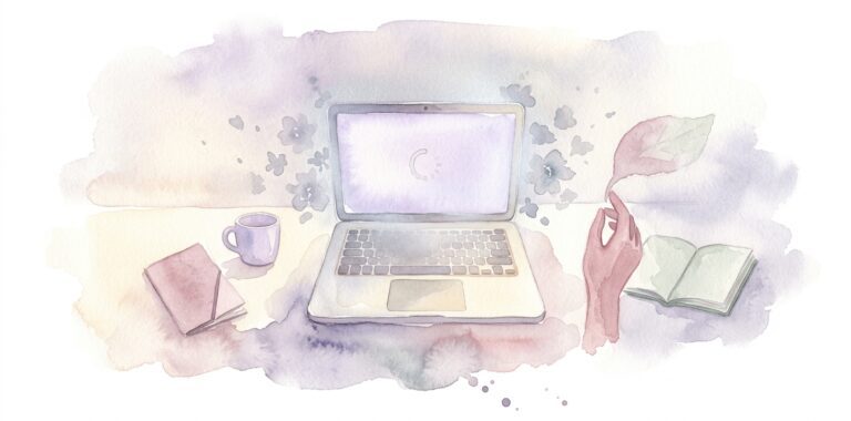 Open laptop in a dream seen from above with a faint glowing pale-lavender screen and a circular loading symbol surrounded by gentle scattered watercolor blooms suggesting too many open tabs