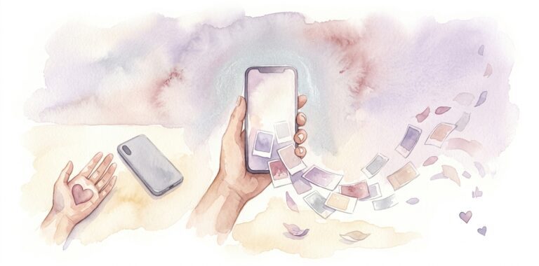 Mano en un sueño que sostiene un smartphone con la pantalla en suave luz y delicados rectángulos de acuarela que caen como pétalos desvanecidos llevados por el viento