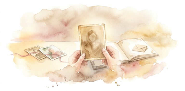 Old photograph in a dream held loosely between two soft fingers with a warm sepia surface and a vague figure inside, with an open album lying beneath