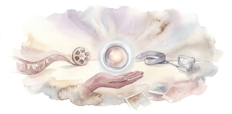 Small camera lens in a dream rendered as a soft circular wash with a faint warm glow at its center and a single open palm beneath it beside a softly unspooling movie reel