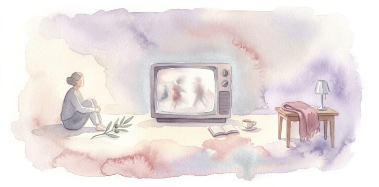 Old-style boxy television set in a dream resting on a low cream surface with a faintly glowing screen showing only blurred shapes beside an open book and a cup of tea