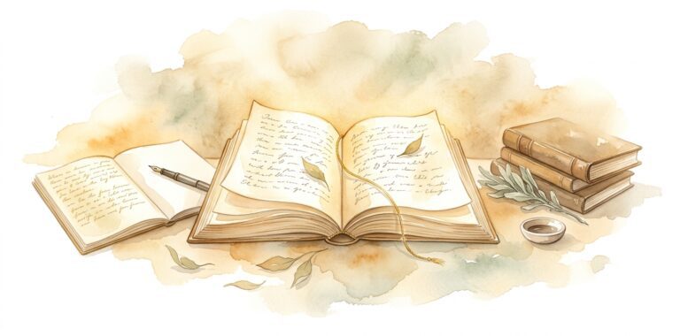 Open book in a dream lying flat with pages slightly curved as if breathing, glowing with warm cream light and a thin gold thread bookmark trailing across the spread