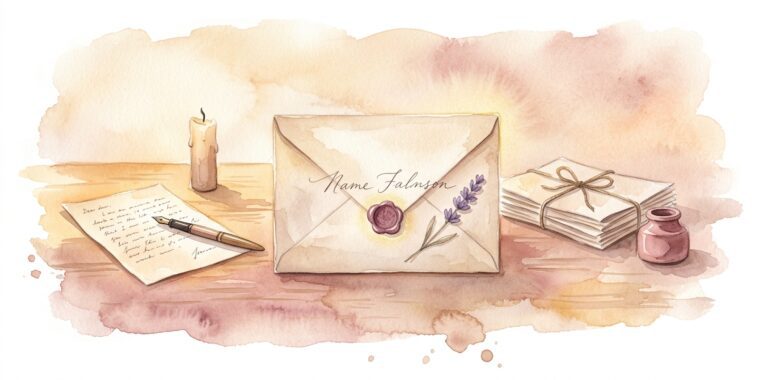 Sobre de papel cerrado en un sueño sobre una cálida superficie de madera con un nombre escrito a mano, un pequeño sello de cera y una flor de lavanda prensada al lado