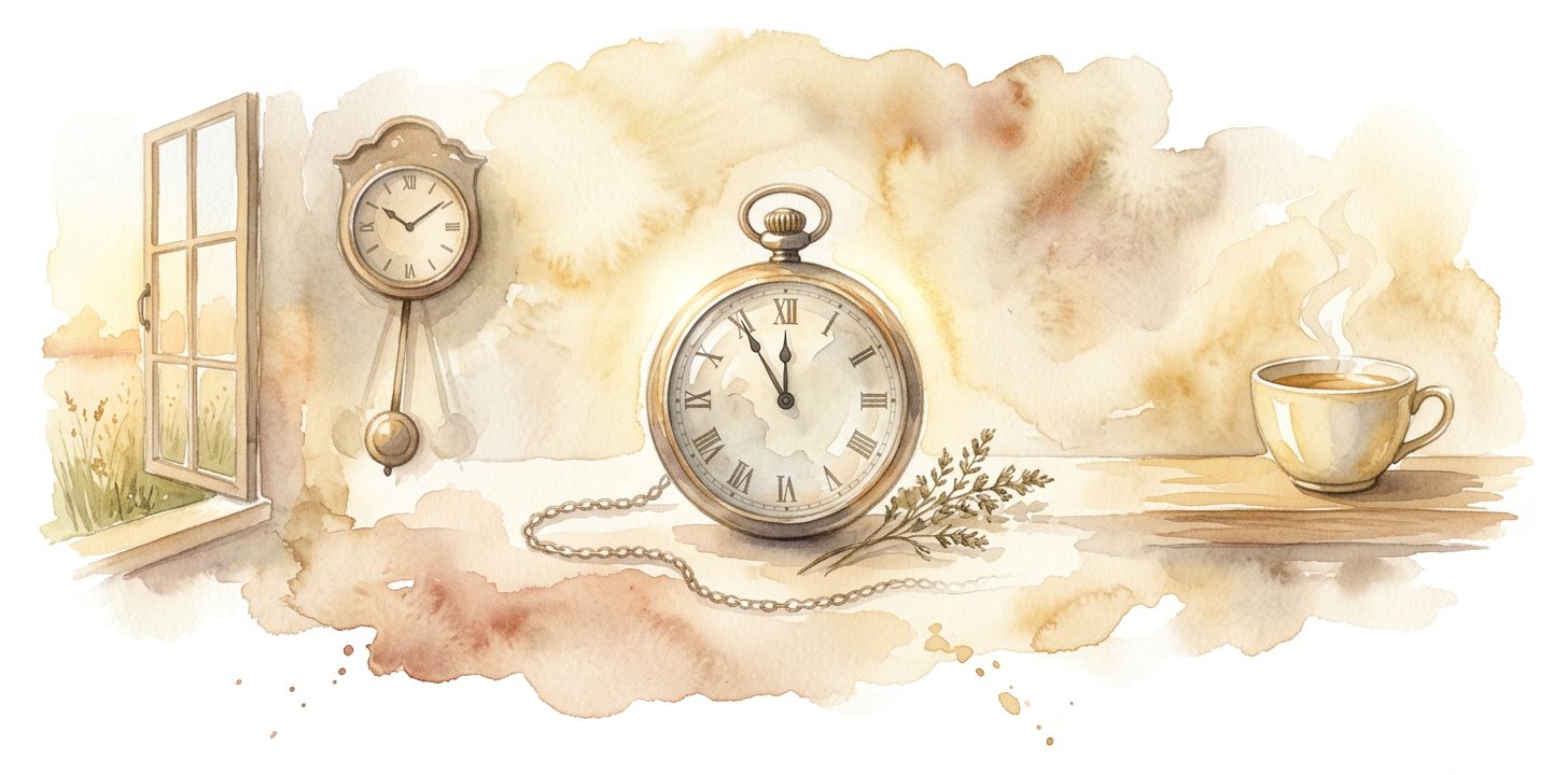 Reloj de bolsillo antiguo en un sueño con esfera circular y manecillas detenidas en las 11:11 con números romanos apenas insinuados y una delicada cadena sobre un papel crema