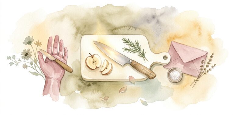 Cuchillo de cocina con mango de madera en un sueño sobre una tabla de cortar crema con unas rodajas de manzana y una ramita de romero al lado