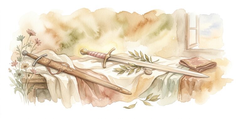 Ceremonial sword in a dream laid horizontally across cream linen with the hilt wrapped in dusty rose-gold leather and a few sprigs of laurel and a small medallion beside it