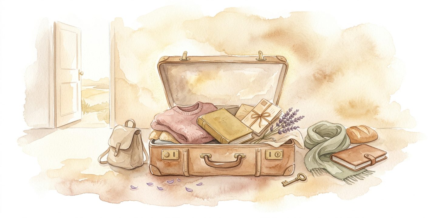 Vintage leather suitcase in a dream with its lid wide open and clothes and books overflowing in gentle disarray with a folded sweater, an old book, letters and a sprig of lavender