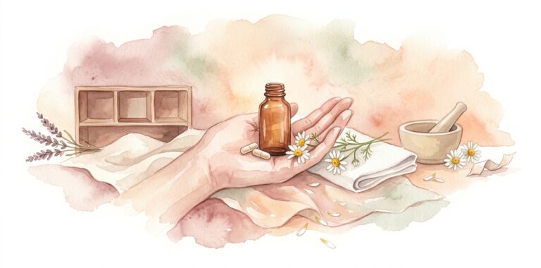 Open palm in a dream cradling a small amber-glass apothecary bottle and two pale capsules with a sprig of fresh chamomile and a folded white cloth on cream linen