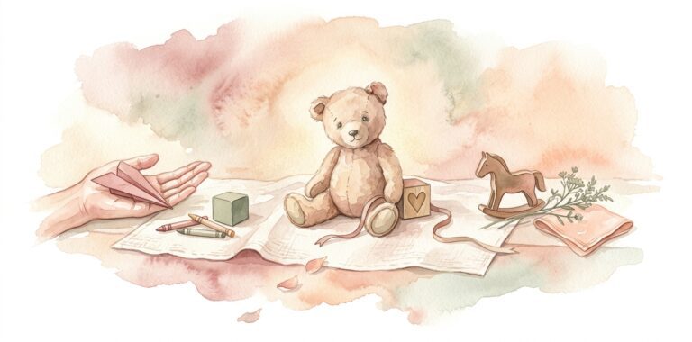 Beloved old plush teddy bear in a dream sitting on a cream linen surface slightly worn with one ear faded and embroidered eyes beside a small wooden block with a hand-painted heart