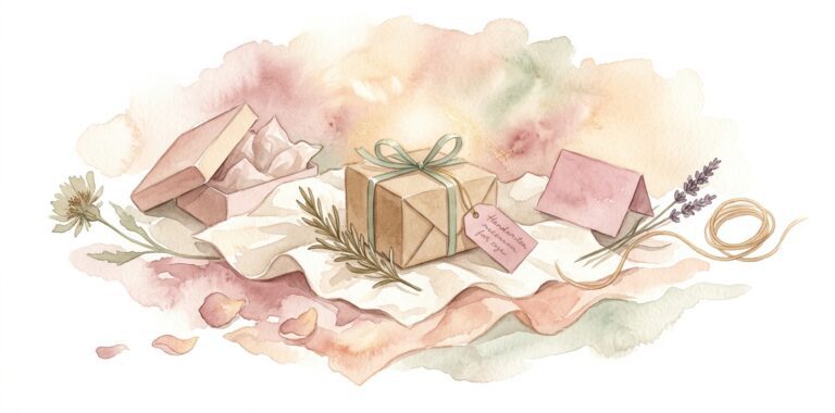 Small kraft-paper-wrapped gift box in a dream tied with a thin sage ribbon resting on cream linen beside a sprig of dried rosemary and a hand-written paper tag