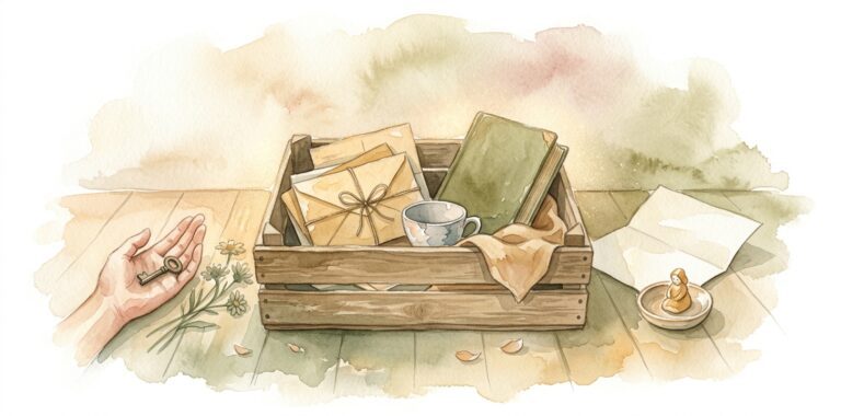 Caja de madera antigua en un sueño sobre un suelo de madera medio llena de objetos colocados con cuidado con cartas atadas con cordel, un libro gastado, una taza con un golpe y un trozo de tela