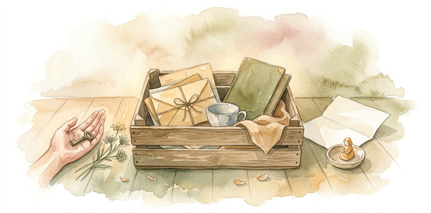 Caja de madera antigua en un sueño sobre un suelo de madera medio llena de objetos colocados con cuidado con cartas atadas con cordel, un libro gastado, una taza con un golpe y un trozo de tela