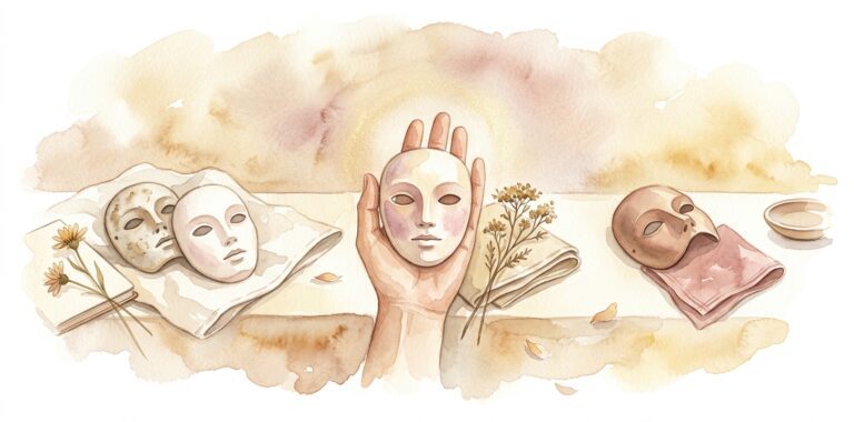 Open palm in a dream holding a small simple ceramic half-mask resting face-up in soft cream with dusty rose washes and gentle empty eye-spaces beside a sprig of dried wildflower