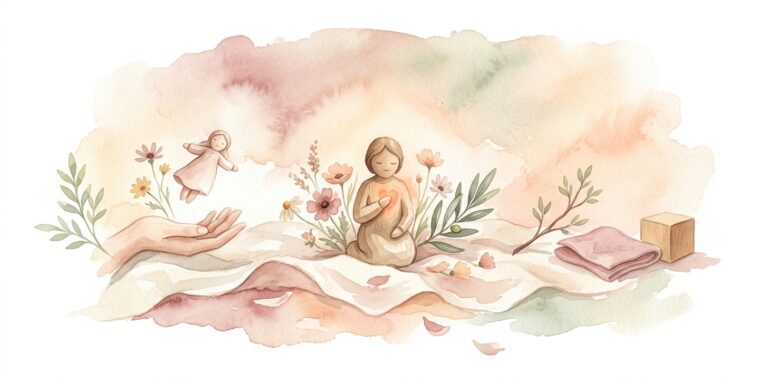 Small wooden hand-carved figurine in a dream sitting on cream linen with a softly suggested face surrounded by tender wildflowers and a sprig of olive leaf