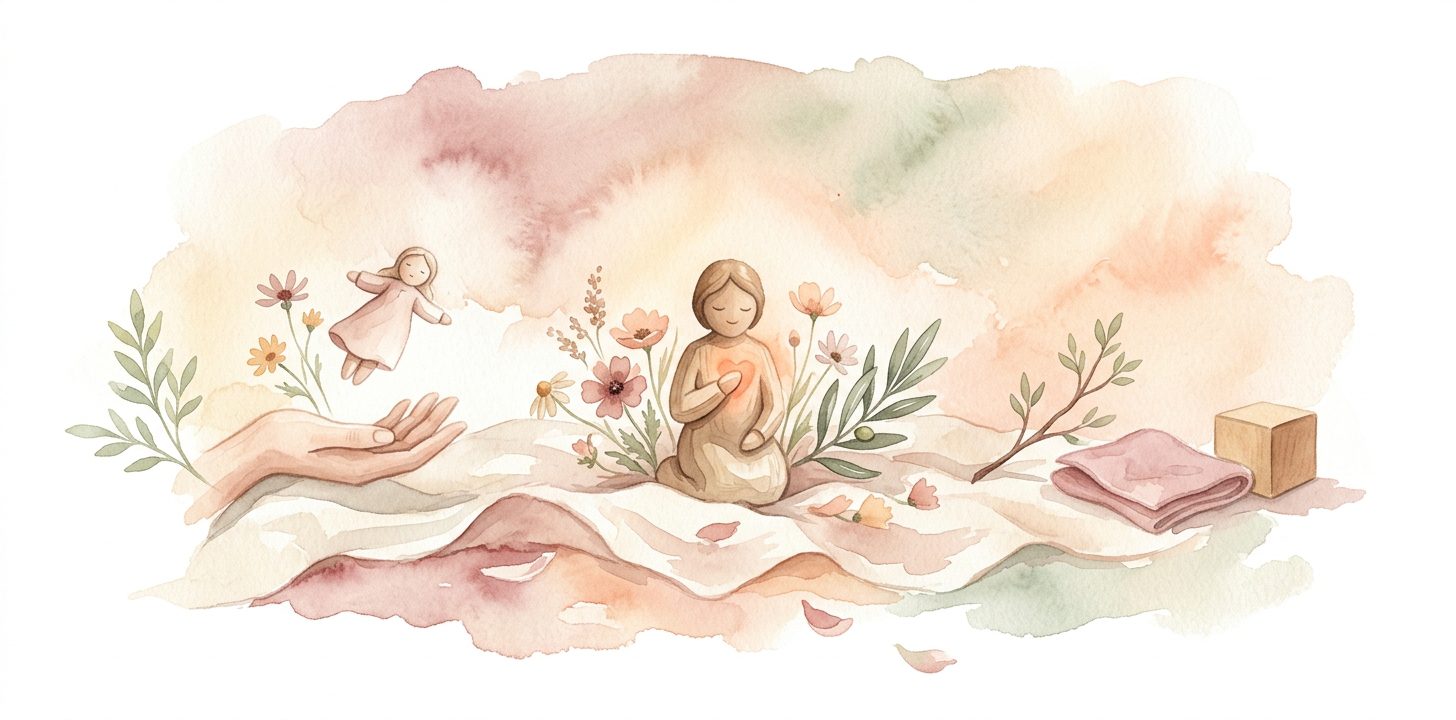 Small wooden hand-carved figurine in a dream sitting on cream linen with a softly suggested face surrounded by tender wildflowers and a sprig of olive leaf