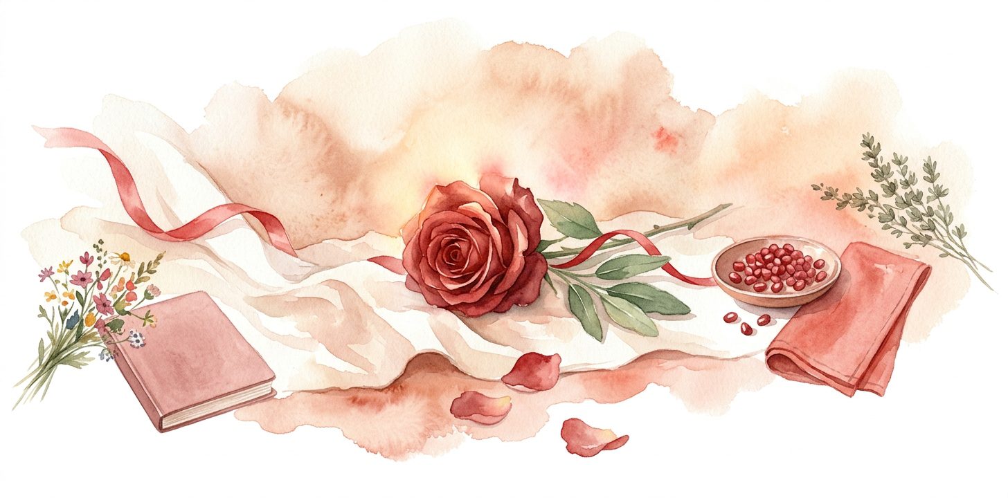 Rosa roja profunda en un sueño tendida sobre lino crema con los pétalos atrapando una luz cálida junto a unas hojas de salvia verde y un fino lazo rojo extendido