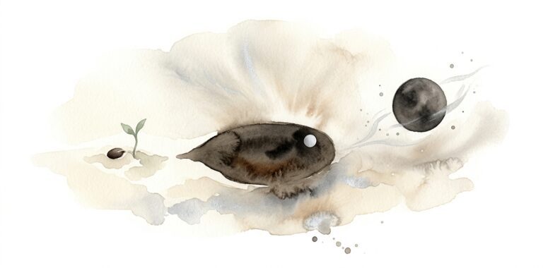Velvet-soft dark inkwell stain on cream paper in a dream gently shaped like a slow drop with a single small silver moon-like dot resting at its edge