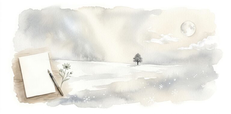 Snowy quiet field in a dream meeting a soft white sky with a single small dark winter tree silhouette giving scale and gentle layered shifts of pearl into ivory