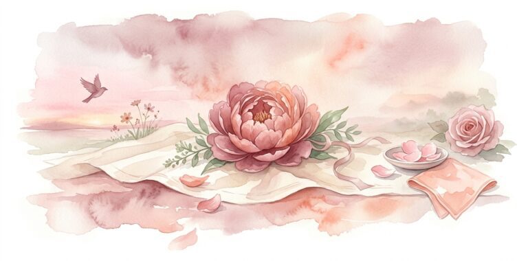 Single open peony in dusty pink in a dream resting on cream linen with layered full petals beside a few sprigs of soft greenery and a thin silk ribbon trailing across