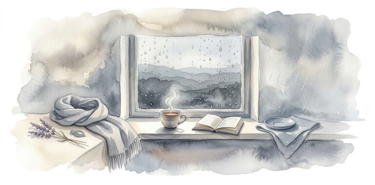 Quiet rainy window in a dream with soft drops on the glass and a dim grey landscape behind, with a steaming cup of tea and a small open book on the inner ledge
