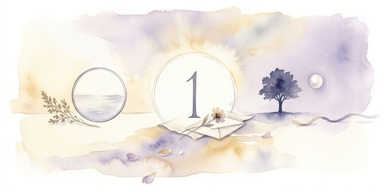 Numeral uno dibujado a mano con tinta suave en un sueño alto y silencioso en el centro de un espacio de papel crema con una pequeña flor silvestre y una carta doblada sobre lino