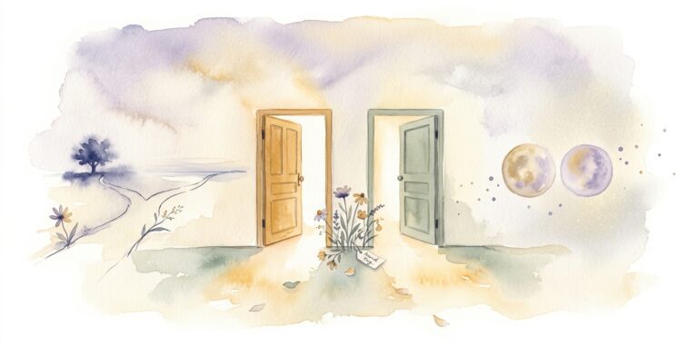 Two open doors side by side in a dream on a cream-paper wall both slightly ajar with warm light spilling from each, one in wood-toned ochre and the other in quiet sage