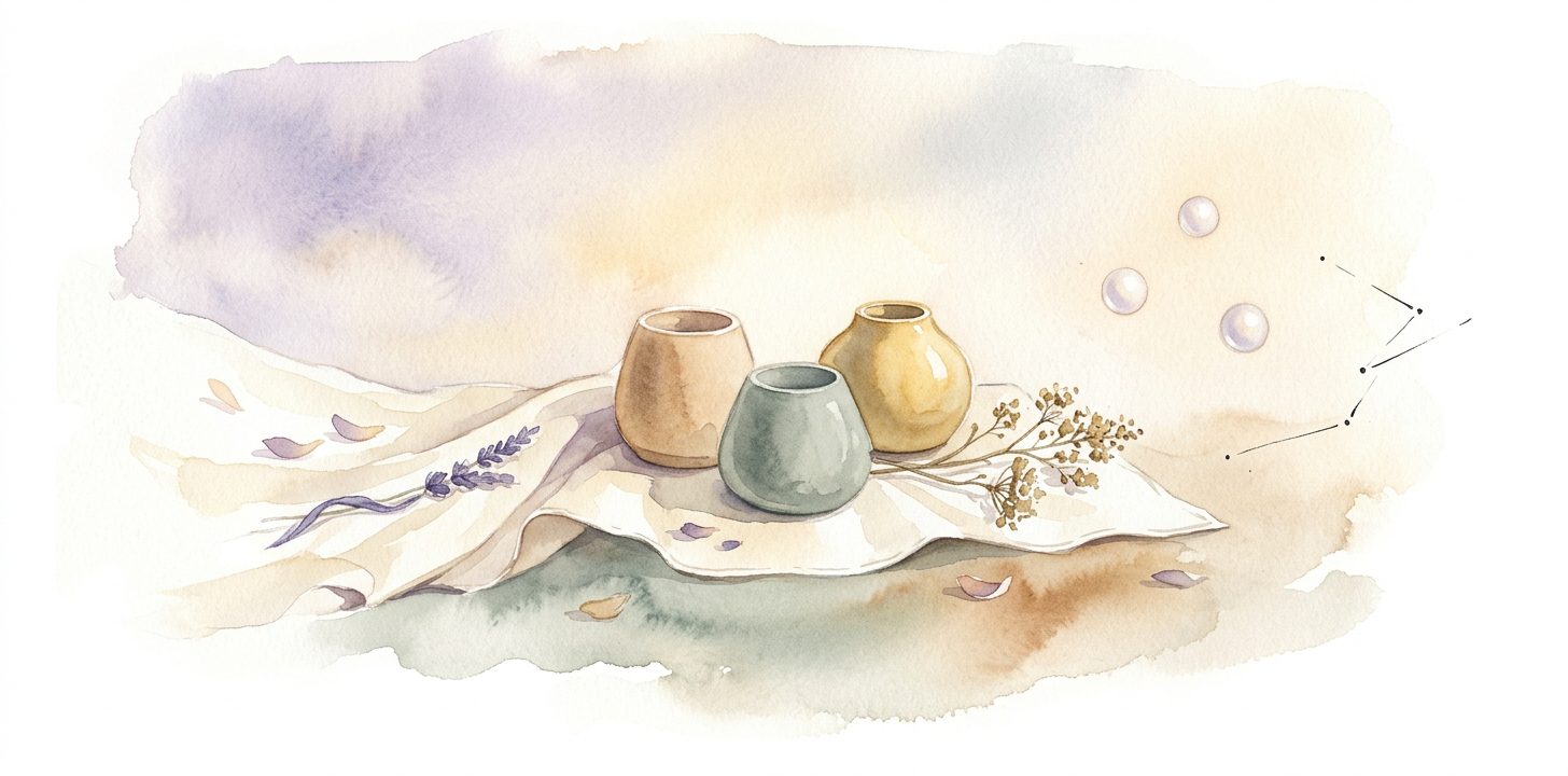 Tres pequeñas vasijas de cerámica en un sueño dispuestas en un triángulo suave sobre lino crema con una ramita de flor silvestre seca y tres tenues orbes perlados arriba