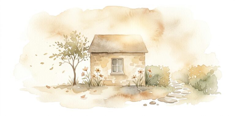 Small simple stone house in a dream with four walls and a single window on cream linen, four wildflowers at the corners and a slender tree to the side